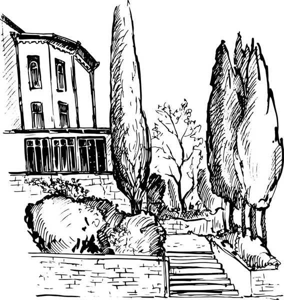 Городской эскиз, дом в парке, векторная иллюстрация — стоковый вектор