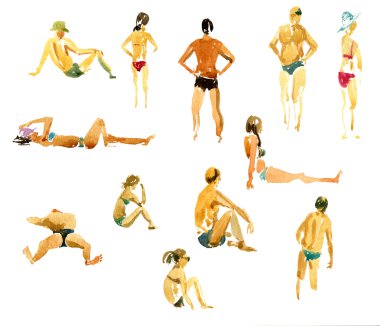 insanlar plajda çizim suluboya