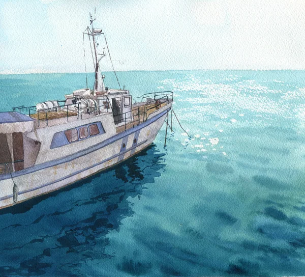 Akvarell tengeri táj-a hajók — Stock Fotó