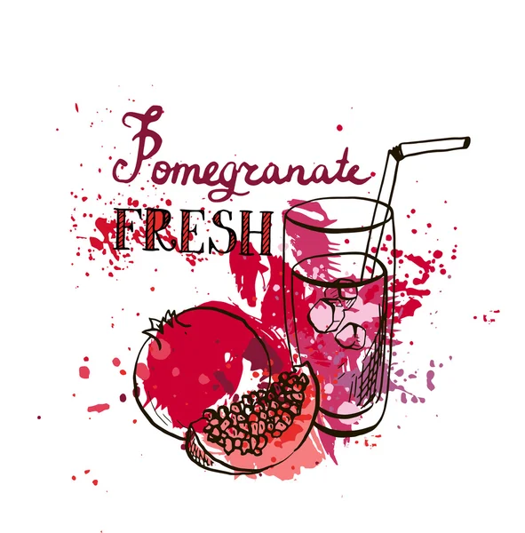 Hand drawn pomegranate juice in glass — Stock Vector