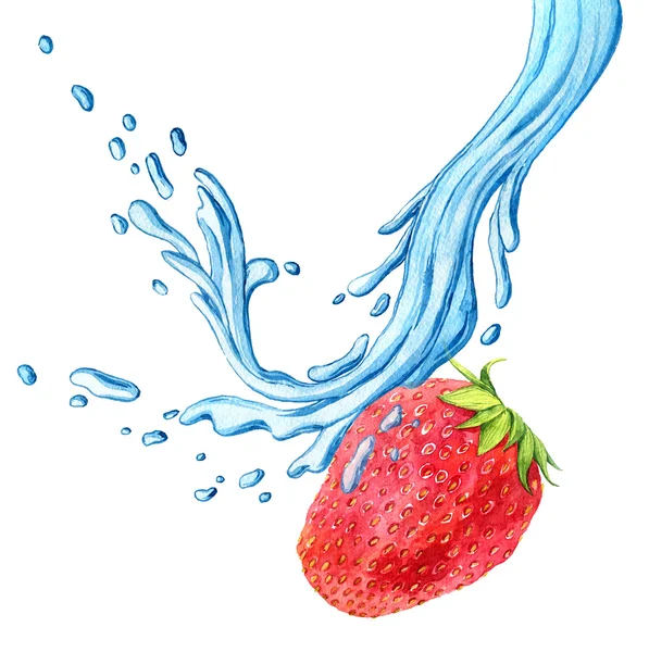 Dessin à l'aquarelle fraise avec éclaboussure d'eau — Photo