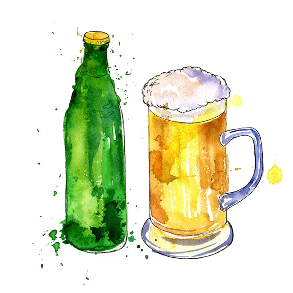 Láhev piva a hrnek — Stock fotografie
