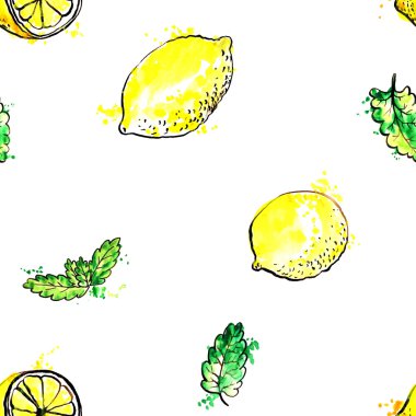 elle çizilmiş nane yaprağı ve limon ile Seamless Modeli