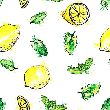 elle çizilmiş nane yaprağı ve limon ile Seamless Modeli