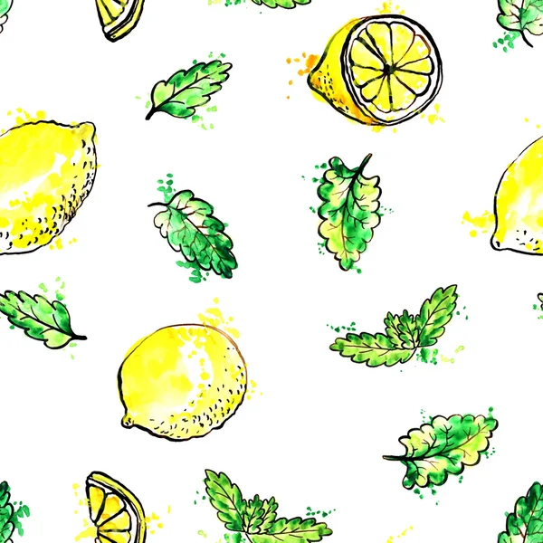 Patrón sin costuras con hojas de menta dibujadas a mano y limones —  Fotos de Stock