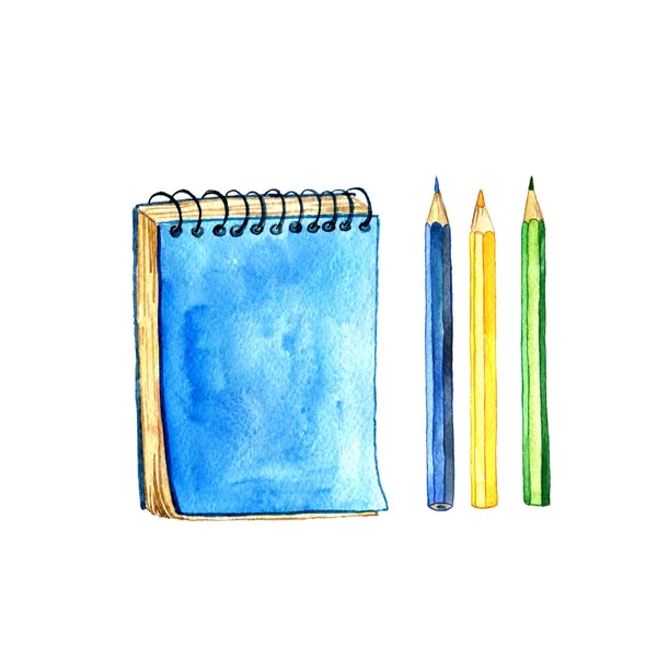 Watercolor notepad and pencils — Stock Photo, Image