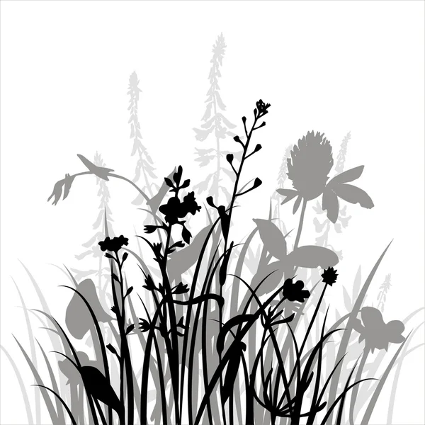 Silhouettes vectorielles de fleurs et d'herbe — Image vectorielle