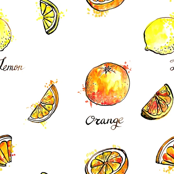 Motif sans couture avec des citrons dessinés à la main et des oranges — Photo