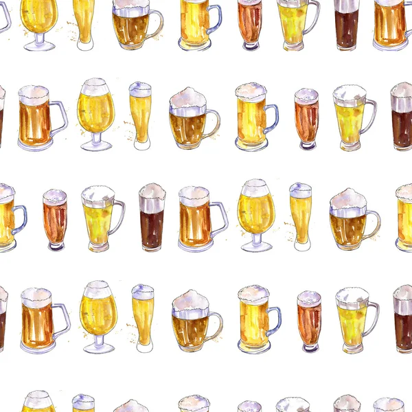 Seamless mönster med muggar och glas öl — Stockfoto