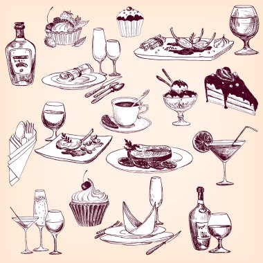 sofra takımları, yiyecek ve içecek çizilmiş set el