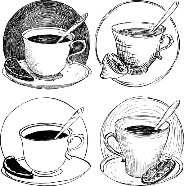 Quattro schizzo di tazze da tè e fetta di limone — Vettoriale Stock