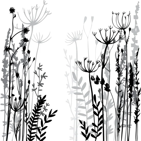 Silhouetten van bloemen en gras — Stockvector