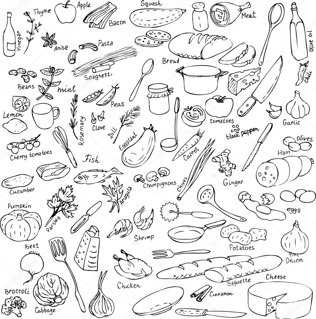 Sketch of food and kitchen equipment