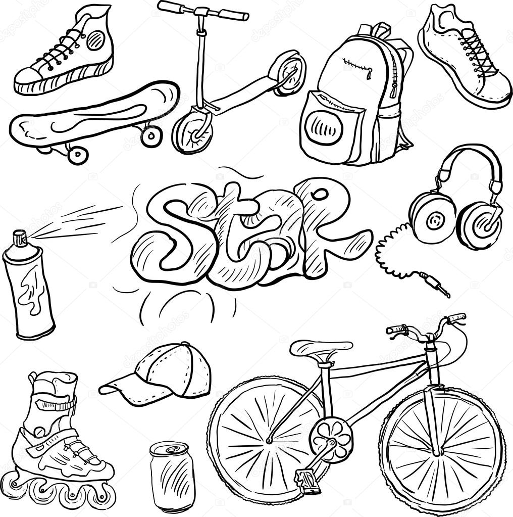 Doodle set of teenagers accessories Stock Vector by