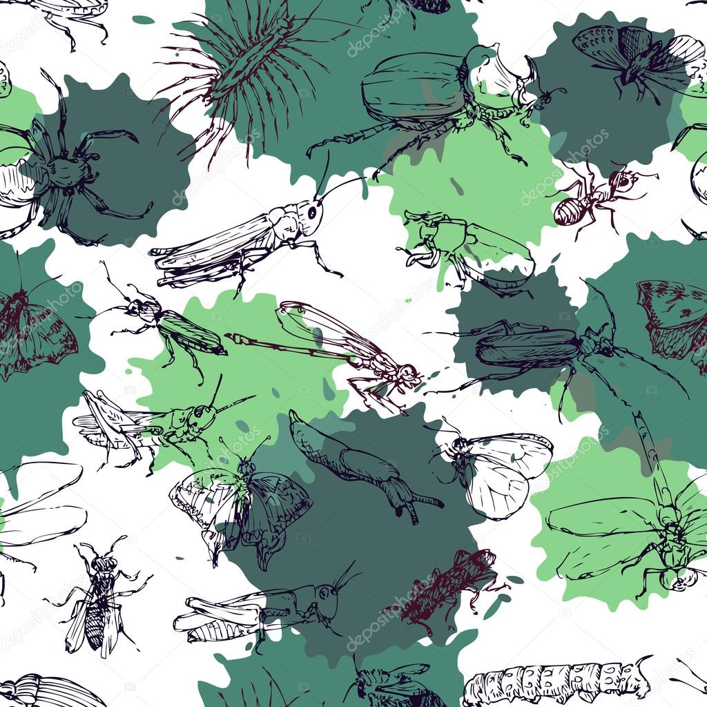 seamless pattern with line drawing insects