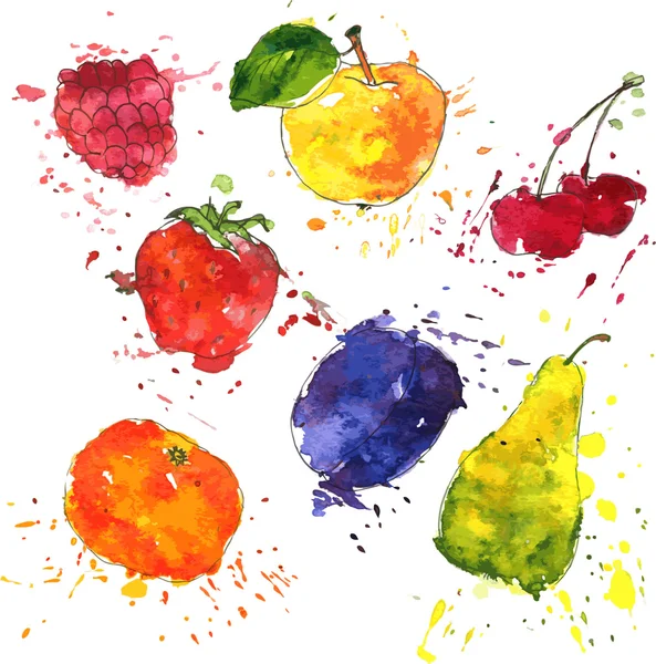 Jeu de fruits et de baies dessin par aquarelle — Image vectorielle