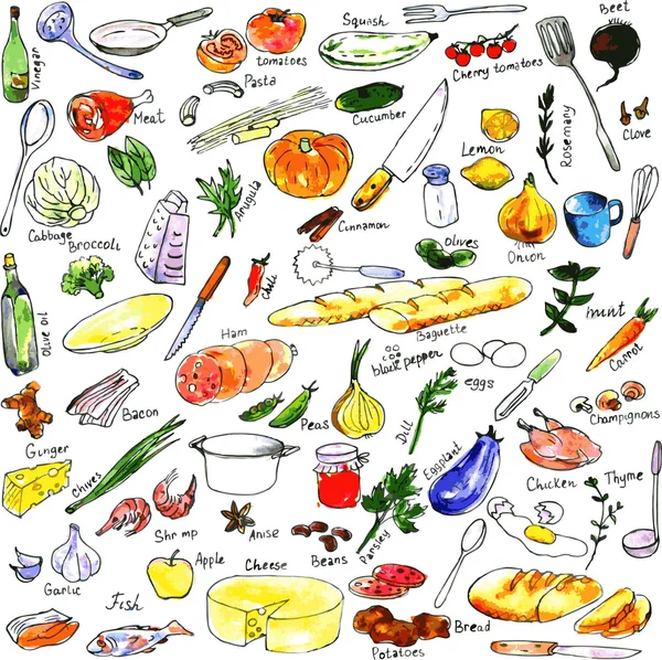 Sketch of foods, utensils and kitchen equipment — Stock Illustration Sketch of foods, utensils and kitchen equipment Vector Graphics