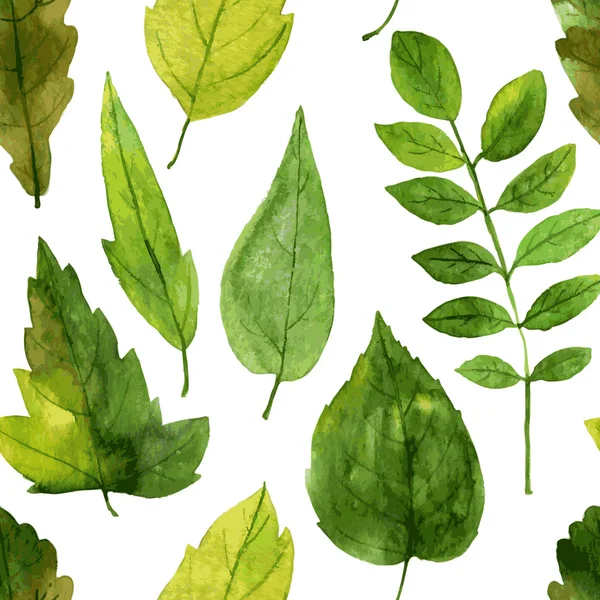 水彩で緑の葉とのシームレスなパターン — ストックベクタ