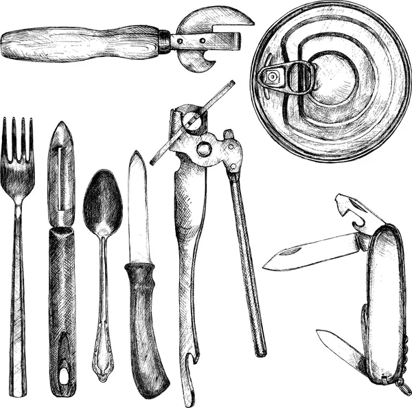 Ensemble d'ustensiles de cuisine différents — Image vectorielle