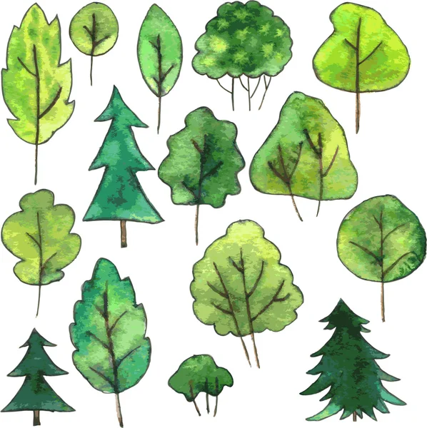 Set of cartoon trees drawing by watercolor — Stock Vector