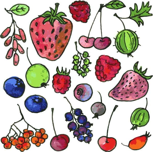 Vektor Set von Aquarell Zeichnung Cartoon Beeren — Stockvektor