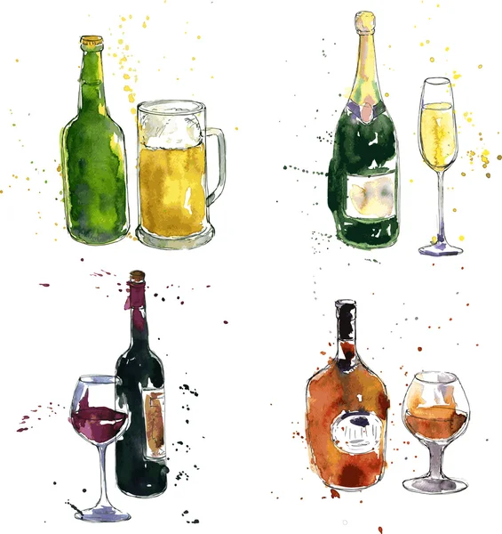 Diferentes bebidas dibujo por acuarela — Vector de stock