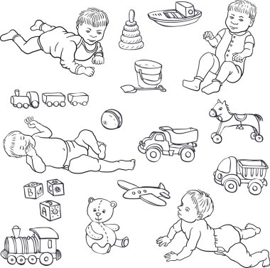 sketch of babies and toys clipart