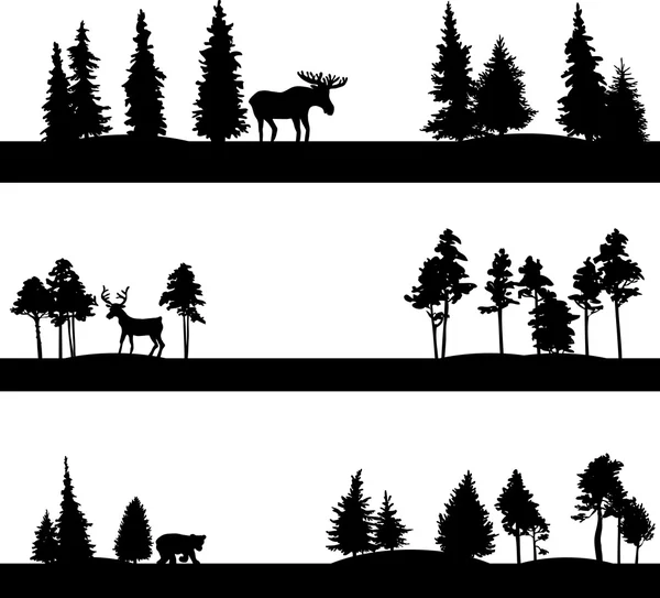 Conjunto de diferentes paisajes con árboles y animales — Vector de stock