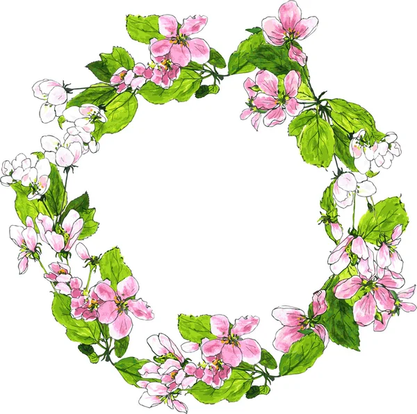 Corona redonda con flores de árbol de primavera — Vector de stock
