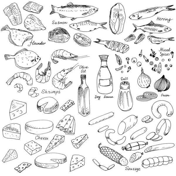 Viande, poisson et fromage, set de nourriture — Image vectorielle