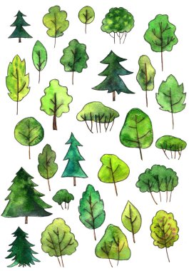 set of cartoon trees drawing by watercolor clipart