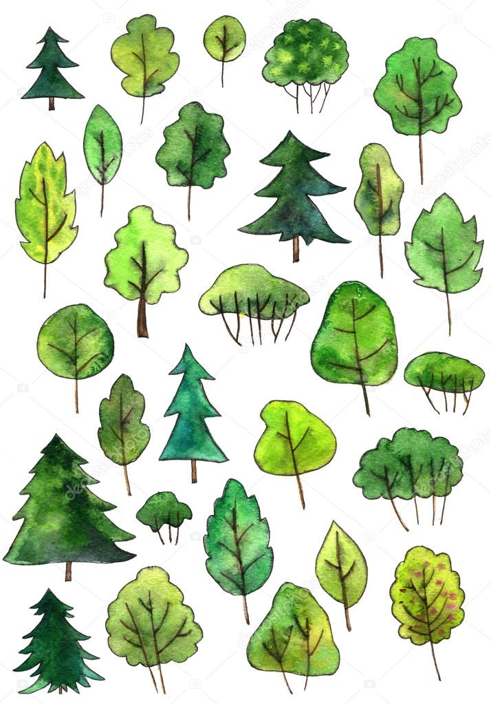 set of cartoon trees drawing by watercolor