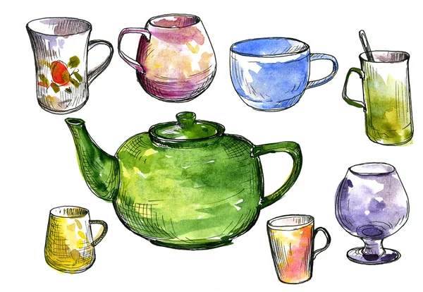 Conjunto de tazas de té y tetera —  Fotos de Stock