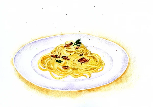 スパゲッティ カルボナーラ水彩画の絵画 — ストック写真