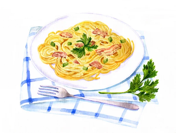 Pintura espaguete carbonara por aquarela — Fotografia de Stock