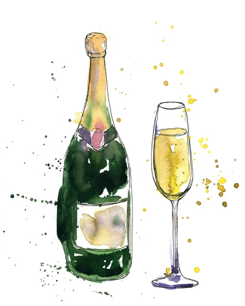 Bouteille de champagne et verre — Photo