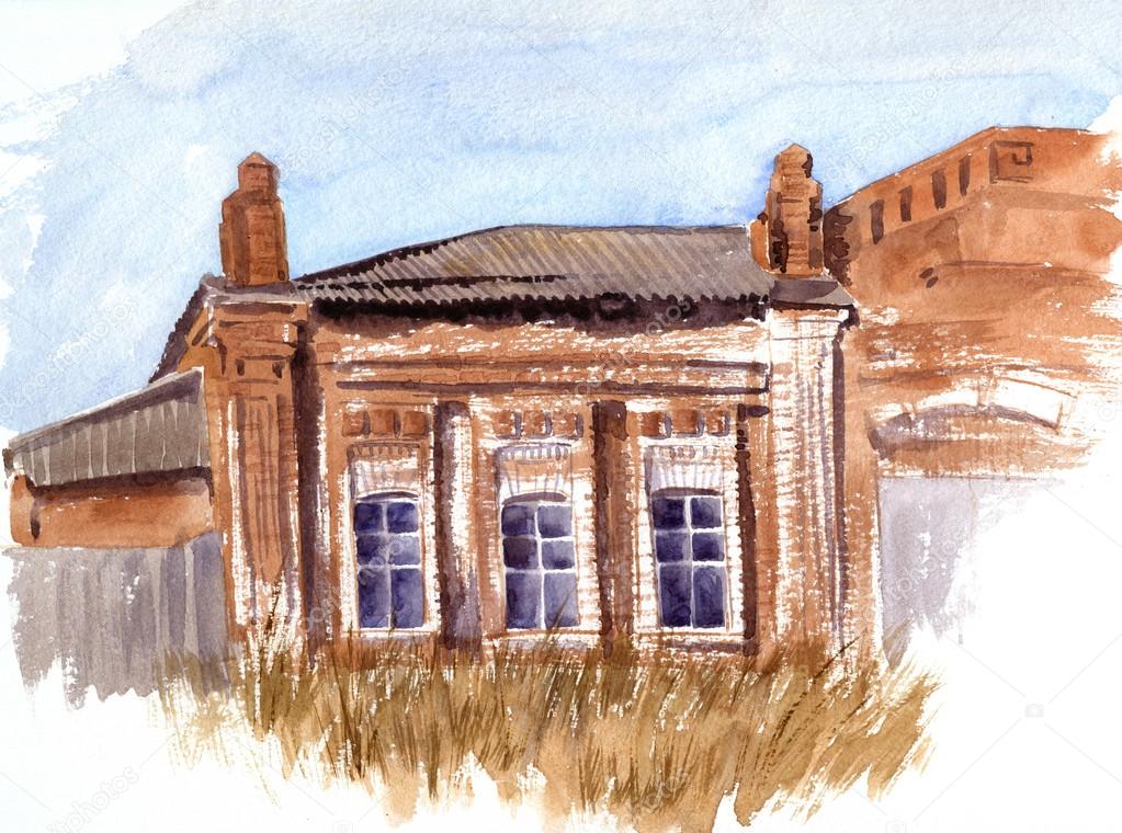 watercolor sketch of old house