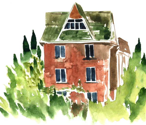 Watercolor brick house — Stock Photo, Image