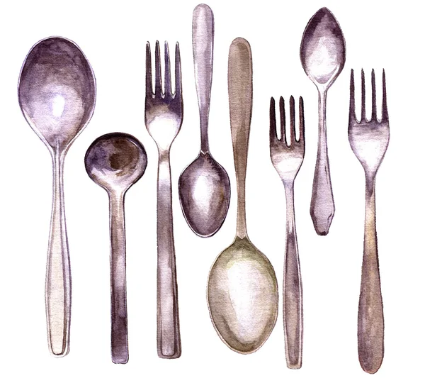 Conjunto de colheres e garfos diferentes — Fotografia de Stock