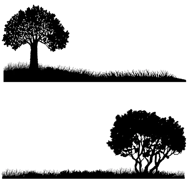 Silueta de árbol y hierba — Vector de stock