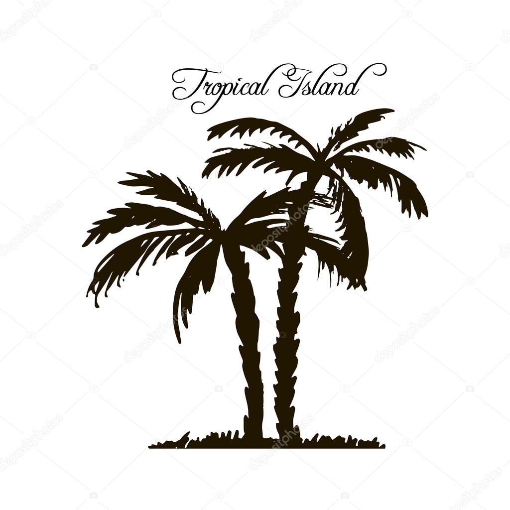 Tropical island, vintage template, palm tree silhouettes at white background, exotic trees, hand drawn vector illustration