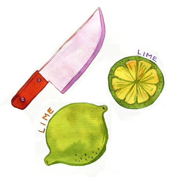 Акварель зеленый лайм и нож — стоковое фото