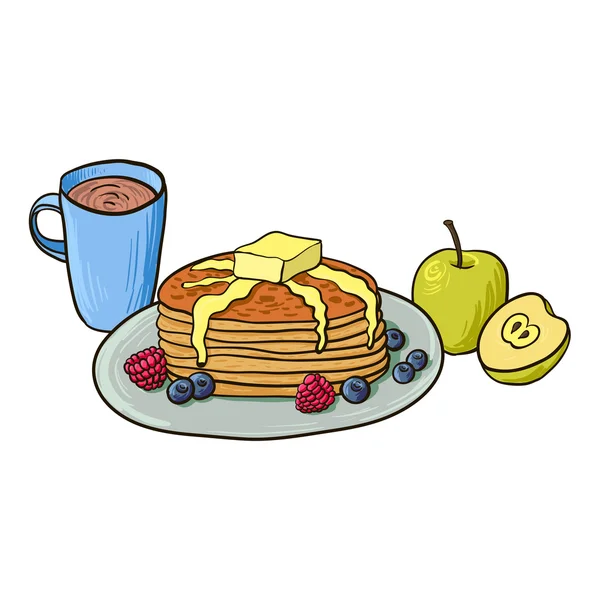 早餐，有浆果、 咖啡和苹果煎饼 — 图库矢量图片
