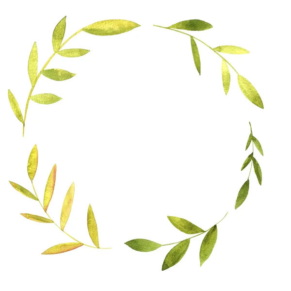 Runder Kranz mit aquarellgrünen Blättern und Zweigen — Stockfoto
