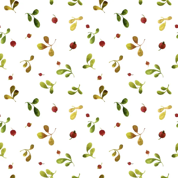 Seamless pattern with watercolor green leaves and red berries — Stock Photo, Image