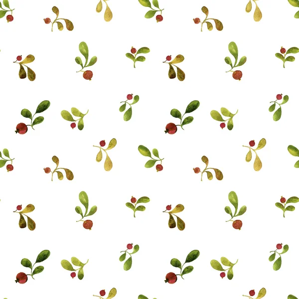 Seamless pattern with watercolor green leaves and red berries — Stock Photo, Image