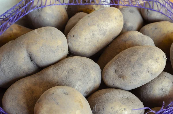 Pommes Terre Crues Dans Sac Filet Gros Plan Récolte Légumes — Photo
