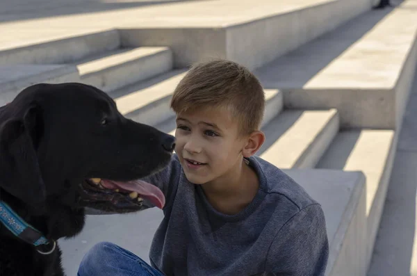 Retrato Menino Oito Anos Labrador Anos Durante Uma Caminhada Criança — Fotografia de Stock