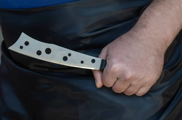 Middle Aged Man Holds Special Cheese Knife His Hand Kitchen — Stock Photo, Image