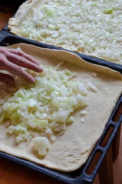 Μαγειρεύω Σπιτική Πίτσα Χέρι Απλώνει Ψιλοκομμένα Ωμά Κρεμμύδια Στο Ταψί — Φωτογραφία Αρχείου